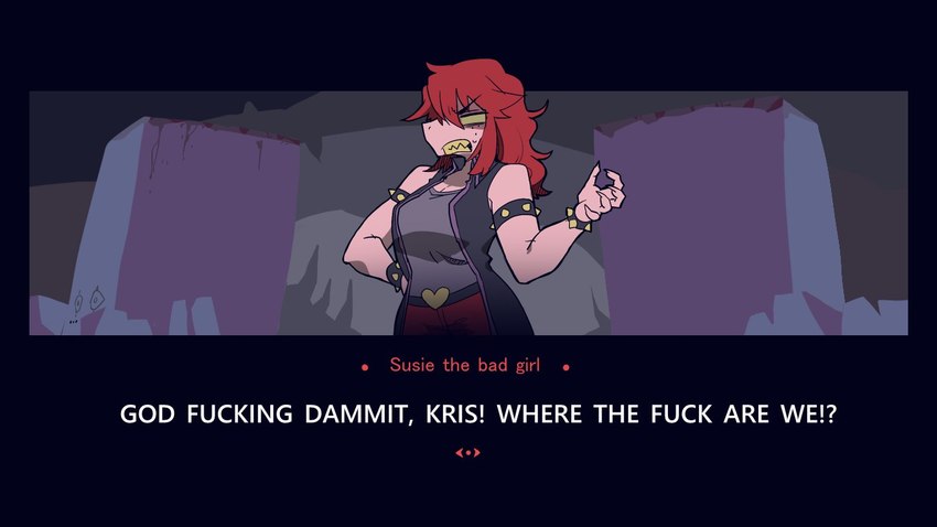 angry anthro dialogue female humor profanity solo style_emulation text sskomu_(artist) deltarune helltaker kris_where_are_we undertale_(series) susie_(deltarune) lizard reptile scalie 2021 english_text meme