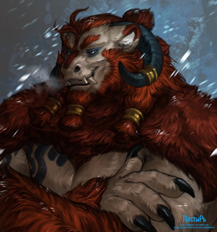 anthro beard braided_hair breath claws facial_hair fur hair horn male muscular muscular_anthro muscular_male snow solo text shepherdart mythology asger dragon furred_dragon furred_scalie mythological_creature mythological_scalie northern_dragon scalie hi_res url