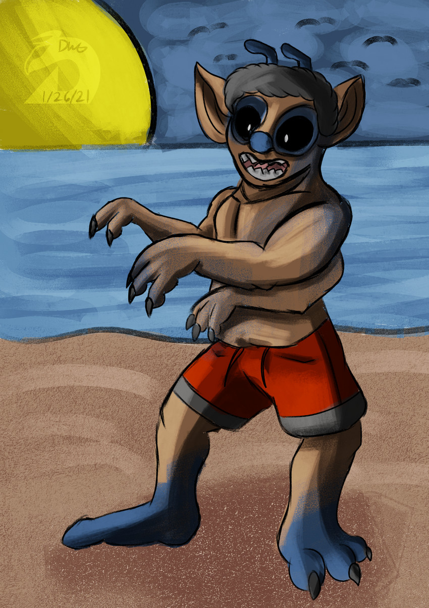 3_toes ambient_silhouette antennae_(anatomy) anthro beach black_eyes blue_nose claws clothed clothing feet group human_to_anthro male multi_arm multi_limb seaside silhouette slightly_chubby solo_focus species_transformation standing swimming_trunks swimwear tf_into_fictional_character toes topless transformation dragonwithgames disney lilo_and_stitch stitch_(lilo_and_stitch) alien ambient_bird ambient_flier avian bird experiment_(lilo_and_stitch) 2021 absurd_res hi_res