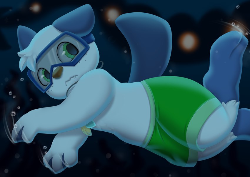 anthro bottomwear clothing eyewear goggles lost male shorts solo underwater water white_body revous nintendo pokemon tempo_(gamer2332) fish generation_3_pokemon generation_5_pokemon huntail mammal marine mustelid oshawott otter pokemon_(species)