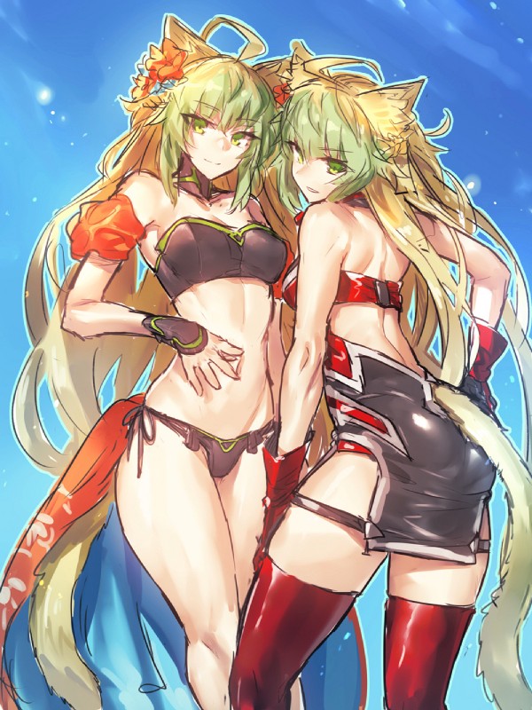 ahoge bikini blonde_hair butt clothing dual_persona duo female green_eyes green_hair hair inner_ear_fluff legwear long_hair multicolored_hair open_mouth rear_view smile swimwear thigh_highs tuft two-piece_swimsuit melon22 fate_(series) type-moon archer_of_red atalanta_(fate) animal_humanoid cat_humanoid felid felid_humanoid feline feline_humanoid humanoid mammal mammal_humanoid hi_res