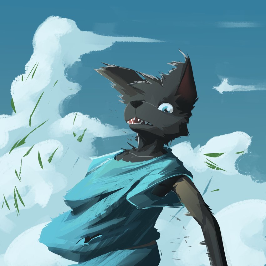 anthro black_body black_fur blue_eyes clothing cloud fangs fur looking_at_viewer male shirt solo teeth topwear wind young young_anthro dakkawoof dakka canid canine canis mammal wolf 1:1 2024 hi_res