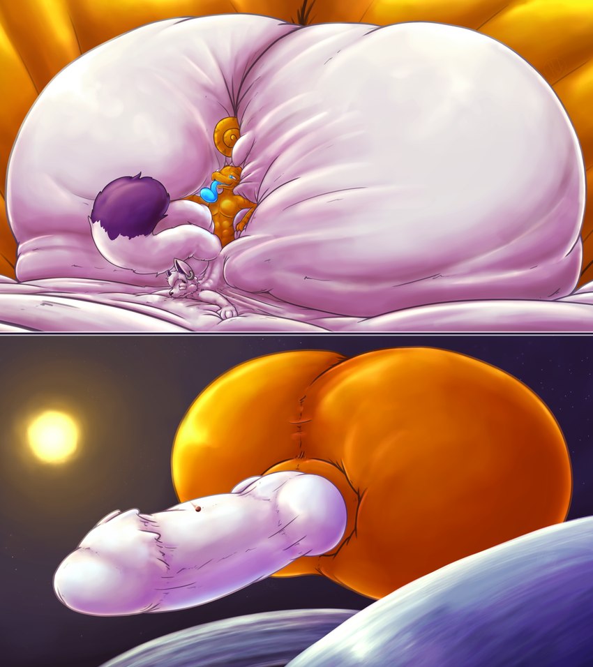 anthro astronomical_hyper balls big_balls big_butt big_penis blue_eyes blue_tongue blush butt cheek_horn curled_tail duo ear_piercing facial_horn fur genitals giga horn huge_balls huge_butt huge_penis hyper hyper_balls hyper_butt hyper_genitalia hyper_penis long_tail macro male male/male nose_horn orange_balls orange_body orange_scales penis piercing planet scales sun tail tongue white_body white_fur white_tail zoom_out mink_of_the_end mythology axie_(ad_axie) chem_(dragon_chem) chameleon domestic_cat dragon felid feline felis hybrid lizard mammal mythological_creature mythological_scalie reptile scalie absurd_res hi_res