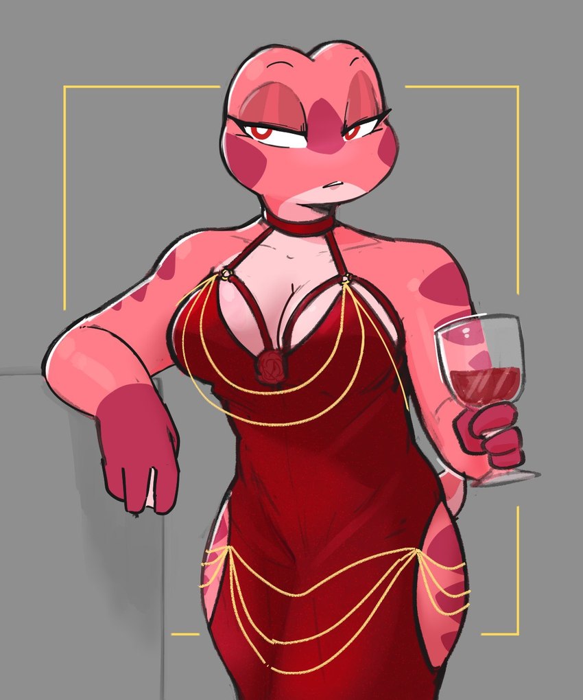 anthro arm_markings arm_support big_breasts breasts cleavage clothed clothing countershading dress eyebrows facial_markings female front_view glistening_eyelids grey_background head_markings holding_wine_glass leaning_on_elbow leg_markings lidded_eyes markings membrane_(anatomy) multicolored_body multicolored_skin narrowed_eyes non-mammal_breasts pink_body pink_countershading pink_eyelids pink_face pink_skin pink_tail raised_eyebrows red_clothing red_dress red_eyes simple_background solo tail thigh_markings webbed_hands conditional_dnp sonokido hollow_hip_backless_chain_dress meme_clothing camille_(sonokido) amphibian frog 2024 5:6 digital_media_(artwork) hi_res meme portrait three-quarter_portrait