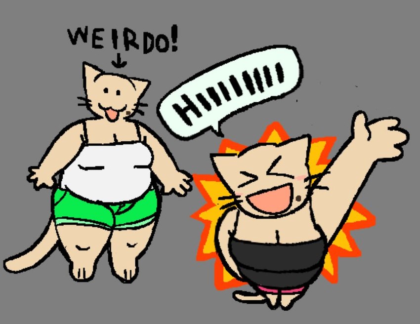 4_fingers anthro barefoot beady_eyes belly belly_overhang big_belly black_clothing black_shirt black_topwear blush bottomwear breasts cleavage clothed clothing eyes_closed feet female fingers fully_clothed fur gesture green_bottomwear green_clothing green_shorts greeting grey_background high-angle_view markings medium_breasts mole_(marking) open_mouth overweight overweight_anthro overweight_female pink_bottomwear pink_clothing pink_shorts shirt shorts simple_background solo speech_bubble standing tail tan_body tan_fur text topwear waving whiskers white_clothing white_shirt white_topwear cassicat cassi_cat_(cassicat) domestic_cat felid feline felis mammal 2024 digital_media_(artwork) english_text trans_(lore) trans_woman_(lore)