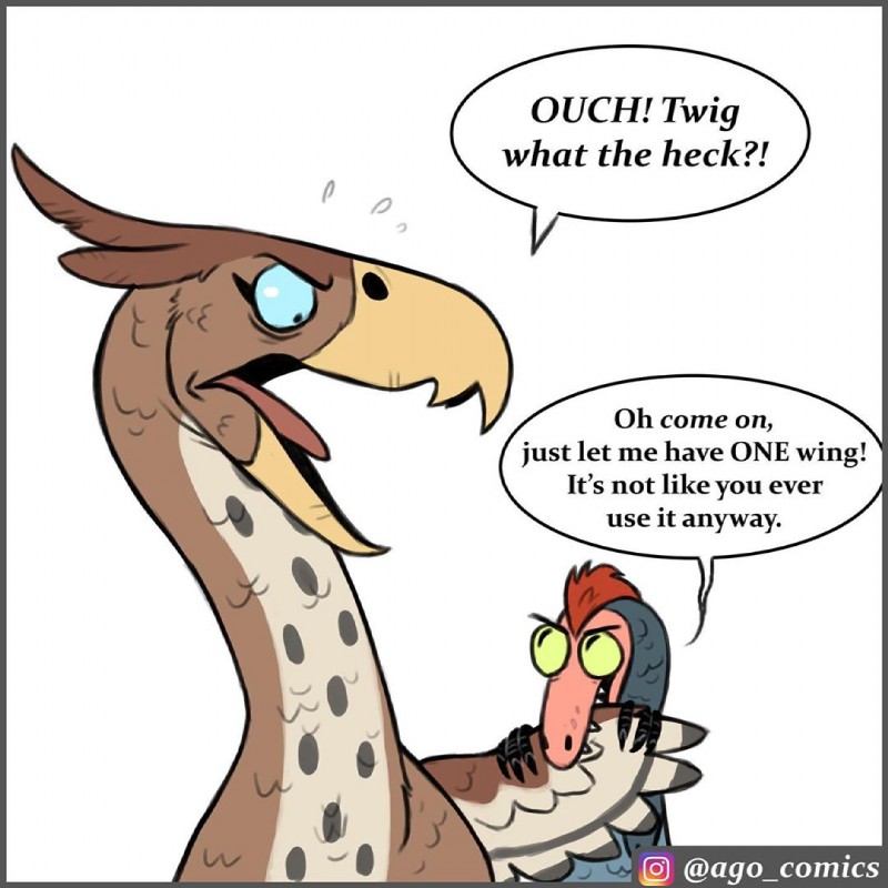 beak dialogue feathers feet humor size_difference speech_bubble talons teeth text toes toothed_beak pet_foolery terrorbird_(pet_foolery) twig_the_velociraptor avian bird cariamiform dinosaur dromaeosaurid prehistoric_species reptile scalie terror_bird theropod velociraptor 1:1 comic english_text