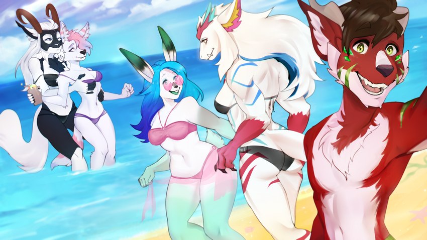 3_fingers anthro beach big_breasts black_body blue_body breast_grab breast_play breast_squish breasts clothing detailed_background fangs female female/female female_anthro fingers fur glass grey_body group hair hand_on_breast horn ineffective_clothing kemono long_ears looking_at_another looking_at_partner male male/female male_anthro muscular muscular_female red_body seaside smile smiling_at_another smiling_at_partner squish summer swimwear teeth translucent translucent_clothing white_body white_fur tartakowski amaverse ikaika maetheus_castillon canid canine canis chimera felid feline hybrid kimera lagomorph leporid lynx mammal rabbit wolf 16:9 hi_res widescreen