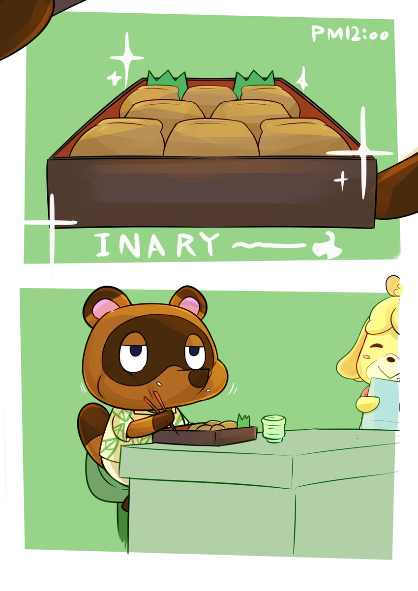 aburaage anthro bottomwear brown_body brown_fur chibi clothing duo eating eyes_closed food fur inarizushi shirt shorts sitting slightly_chubby sushi topwear magictukai_aaaa animal_crossing nintendo isabelle_(animal_crossing) tom_nook_(animal_crossing) canid canine canis domestic_dog mammal raccoon_dog tanuki 2020 absurd_res hi_res