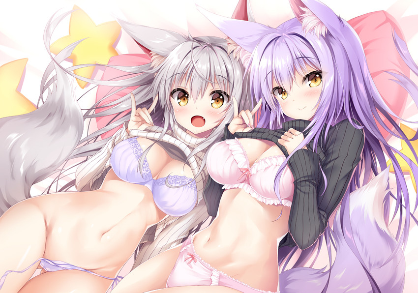 blush bow_panties bow_underwear bra breasts butt butt_from_the_front cleavage clothed clothing colored_nails cute_fangs duo female fox_shadow_puppet frilly frilly_clothing frilly_panties frilly_underwear gesture hair hand_gesture inner_ear_fluff long_hair looking_at_viewer nails navel open_mouth panties pink_bra pink_clothing pink_nails pink_panties pink_underwear purple_bra purple_clothing purple_hair purple_panties purple_underwear ruffled_bra side-tie_panties side-tie_underwear silver_hair simple_background smile sweater topwear tuft turtleneck underwear untied_panties yellow_eyes tateha animal_humanoid canid canid_humanoid canine canine_humanoid fox_humanoid humanoid mammal mammal_humanoid 2019 digital_media_(artwork) shaded