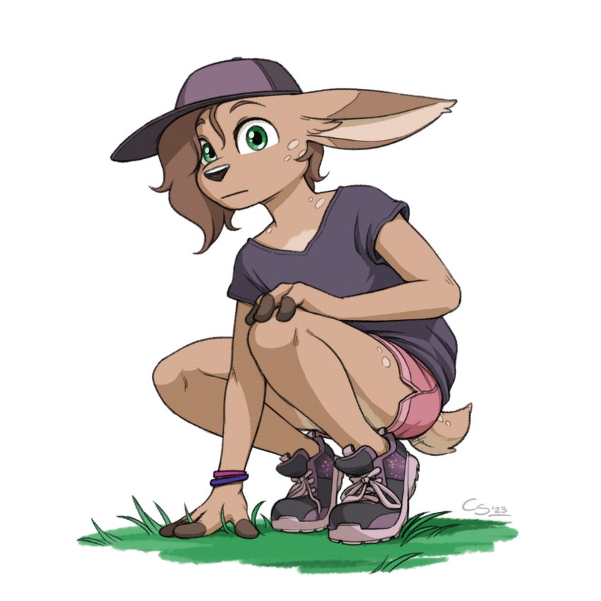 adolescent ambiguous_gender anthro bottomwear brown_hair clothed clothed_anthro clothed_female clothing crouching dolphin_shorts eyebrows female female_anthro footwear fur grass green_eyes hair headgear headwear looking_at_viewer pink_bottomwear pink_clothing pink_shorts plant shirt shorts tail tan_body tan_fur thin_calves thin_legs thin_thighs tomboy topwear touching_grass young young_ambiguous young_anthro cobalt_snow conditional_dnp lotte_(cobalt_snow) deer mammal 1:1 2023 hi_res female_(lore)