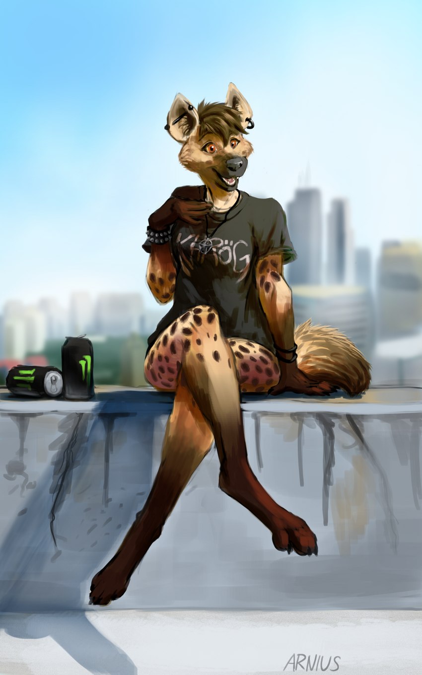 anthro beverage black_clothing black_shirt black_topwear bracelet brown_eyes brown_hair city clothed clothing ear_piercing energy_drink female hair industrial_piercing jewelry necklace outside piercing shirt short_hair solo spiked_bracelet spikes topwear urban arnius hyena mammal spotted_hyena 5:8 digital_media_(artwork) hi_res shaded