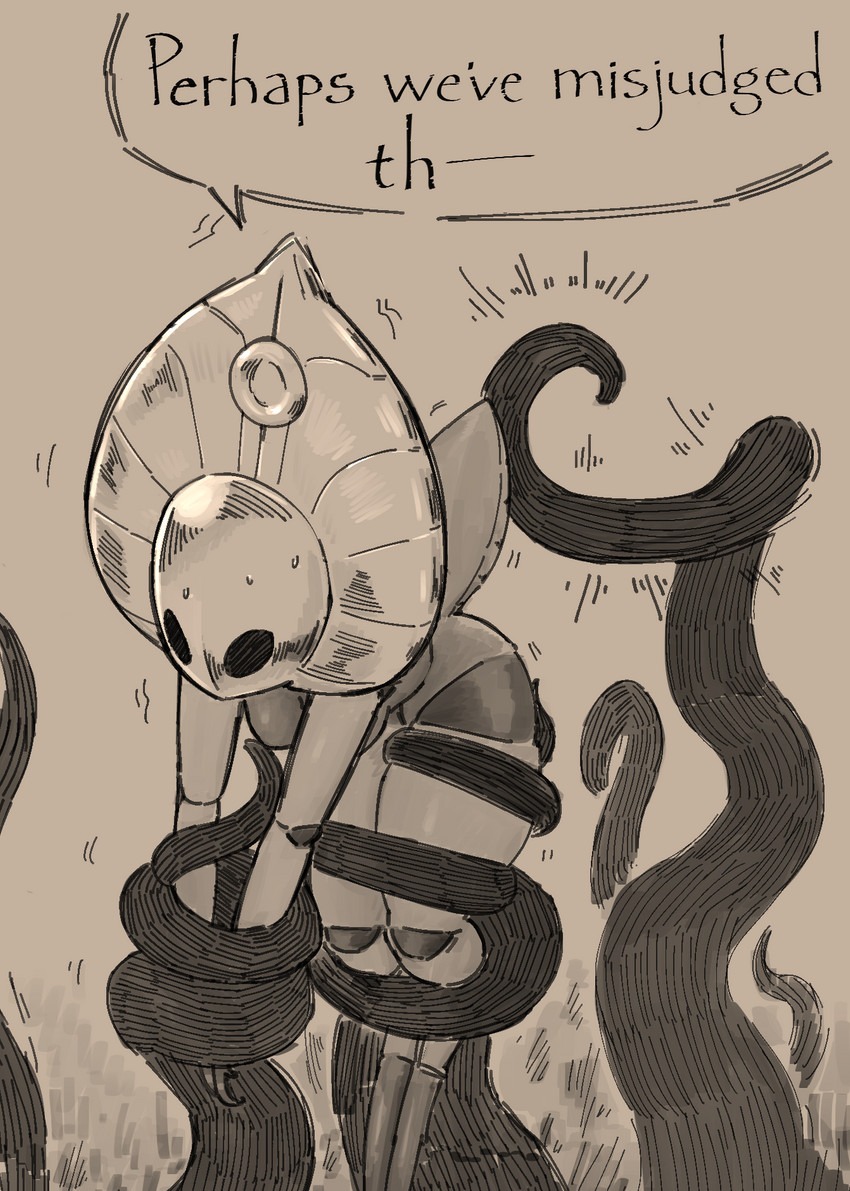 anthro arthropod_abdomen bent_over blush bodily_fluids bound dialogue featureless_face female grey_background mask nude restrained simple_background solo speech_bubble sweat tentacles text napalm_express hollow_knight team_cherry godseeker_(hollow_knight) shade_lord_(hollow_knight) void_(hollow_knight) arthropod insect 2020 digital_media_(artwork) english_text hi_res monochrome