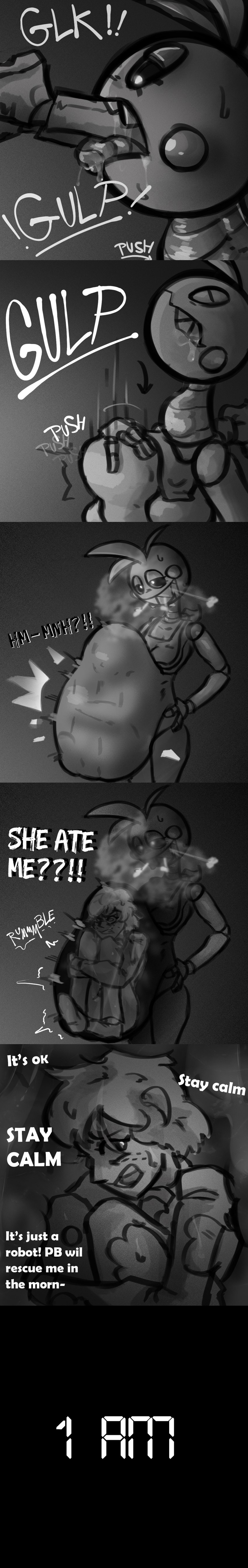 abdominal_bulge alternate_ending anthro belly belly_expansion bodily_fluids bottomwear breasts bubble_speech camera clothed clothing comic_panel confusion dialogue dominant dominant_female drooling duo expansion female female_pred fingers forced grin inside inside_stomach internal licking machine male male/female male_prey multiple_endings neck_bulge open_mouth oral_vore organs panicking pushing_down rumbling_stomach saliva same_size_vore satisfied scared scared_face shove shoving smile smug smug_face speech_bubble steam stomach submissive submissive_male swallowing sweat text tongue tongue_out vore eviltqf five_nights_at_freddy's five_nights_at_freddy's_2 scottgames jeremy_fitzgerald toy_chica_(fnaf) animatronic avian bird chicken galliform gallus_(genus) human mammal phasianid robot robot_anthro 2023 absurd_res comic digital_media_(artwork) english_text hi_res long_image monochrome tall_image