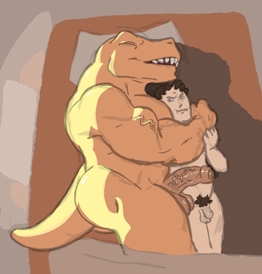 anthro ball_size_difference balls bed big_penis cuddling duo foreskin furniture genitals holding_partner human_on_anthro humanoid_genitalia humanoid_penis interspecies larger_anthro male male/male muscular muscular_male non-mammal_balls penis penis_size_difference size_difference smaller_human vein veiny_penis birdy dinosaur human mammal prehistoric_species reptile scalie absurd_res hi_res