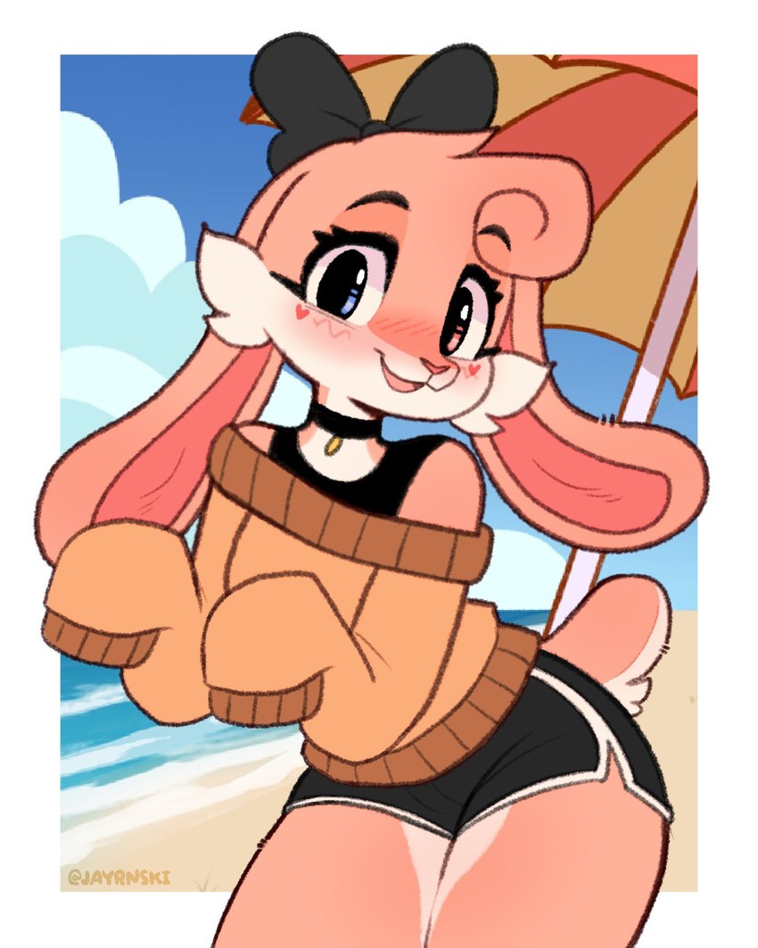 anthro beach blush blush_lines bottomwear choker clothed clothing cloud dolphin_shorts eyebrows eyelashes female fur heterochromia jewelry looking_at_viewer necklace off_shoulder open_mouth open_smile pink_body pink_fur scut_tail short_tail shorts sky smile smiling_at_viewer solo sweater tail topwear water jayrnski cinnabunn_(bunsawce) domestic_rabbit lagomorph leporid lop_rabbit mammal oryctolagus rabbit 2024 hi_res