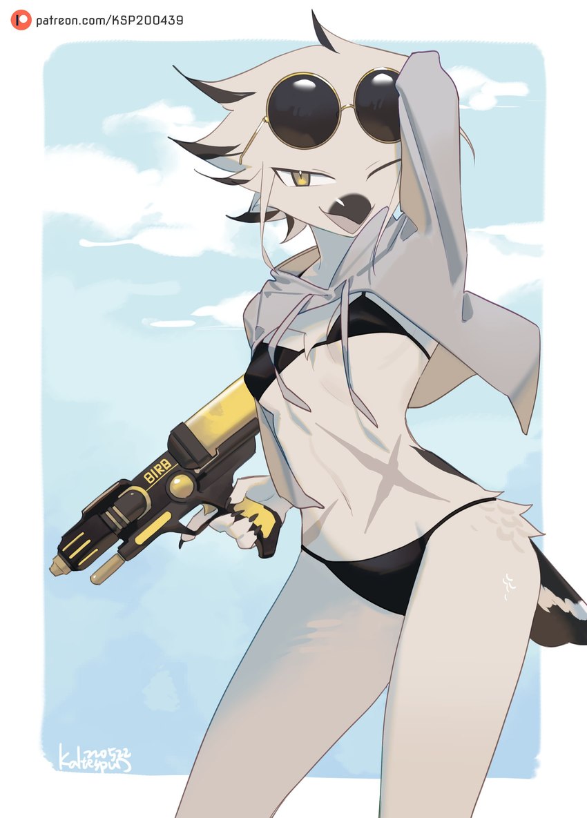 5_fingers anthro avian_feet beak bikini breasts chest_tuft clothed clothing cloud eyewear eyewear_on_head feathers female fingers hoodie non-mammal_breasts one_eye_closed open_mouth scar sky small_breasts solo sunglasses sunglasses_on_head swimwear tail tail_feathers text topwear toy toy_gun tuft twitter_hoodie two-piece_swimsuit water_gun wink yellow_eyes kaltespur meme_clothing lorenzo_(royluna) avian bird bucerotiform columbid dove hoopoe absurd_res hi_res meme url