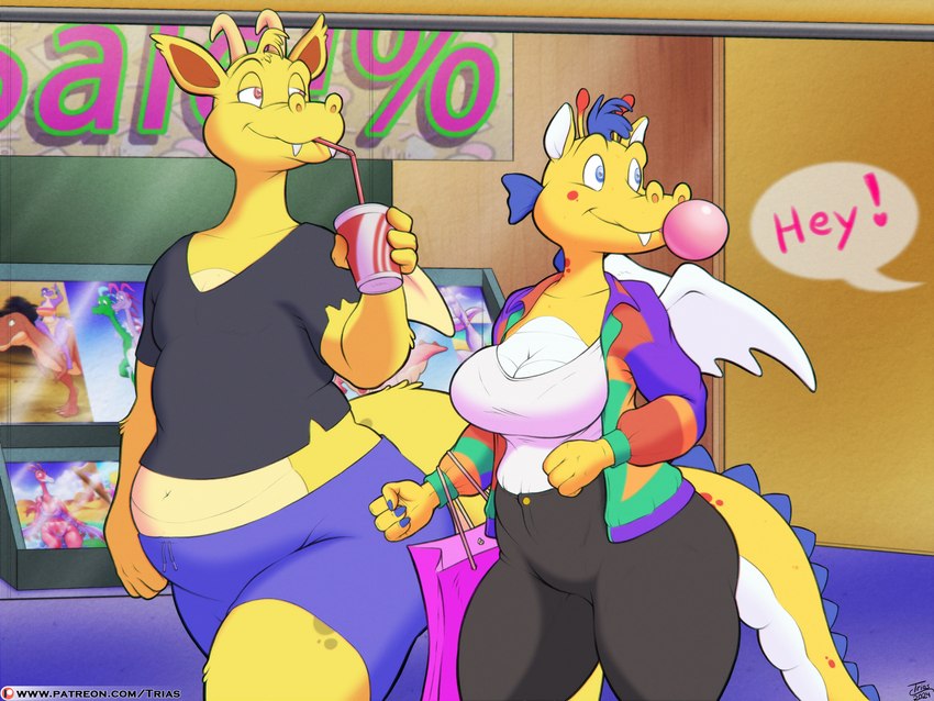 1990s breasts cleavage clothed clothing duo female male mall offscreen_character retro slightly_chubby slightly_chubby_male trias european_mythology mythology dragon mythological_creature mythological_scalie scalie western_dragon 4:3 hi_res