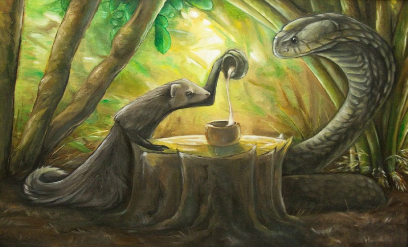 ambiguous_gender beverage brown_body brown_fur brown_nose brown_scales detailed_background duo feral fluffy forest fur jungle long_neck nature outside plant pouring predator/prey scales sitting snake_hood tea tree tree_trunk bagleyarts puppy-chow cobra elapid_(snake) herpestid indian_cobra indian_grey_mongoose mammal mongoose reptile scalie snake true_cobra 2010 full-length_portrait painting_(artwork) portrait traditional_media_(artwork) unavailable_at_source warm_colors