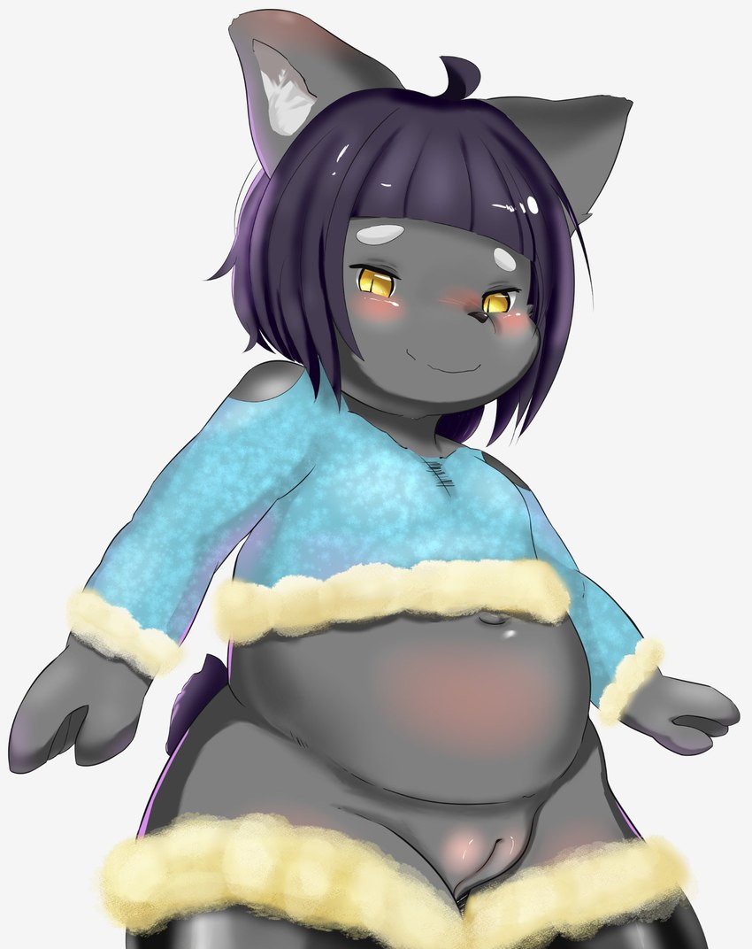 anthro belly big_belly blush clothing eyebrows female genitals hair leather leggings legwear navel purple_hair pussy slightly_chubby smile solo sweater thick_eyebrows thick_thighs topwear yellow_eyes young young_anthro mylen canid canine canis domestic_dog mammal 2019 hi_res