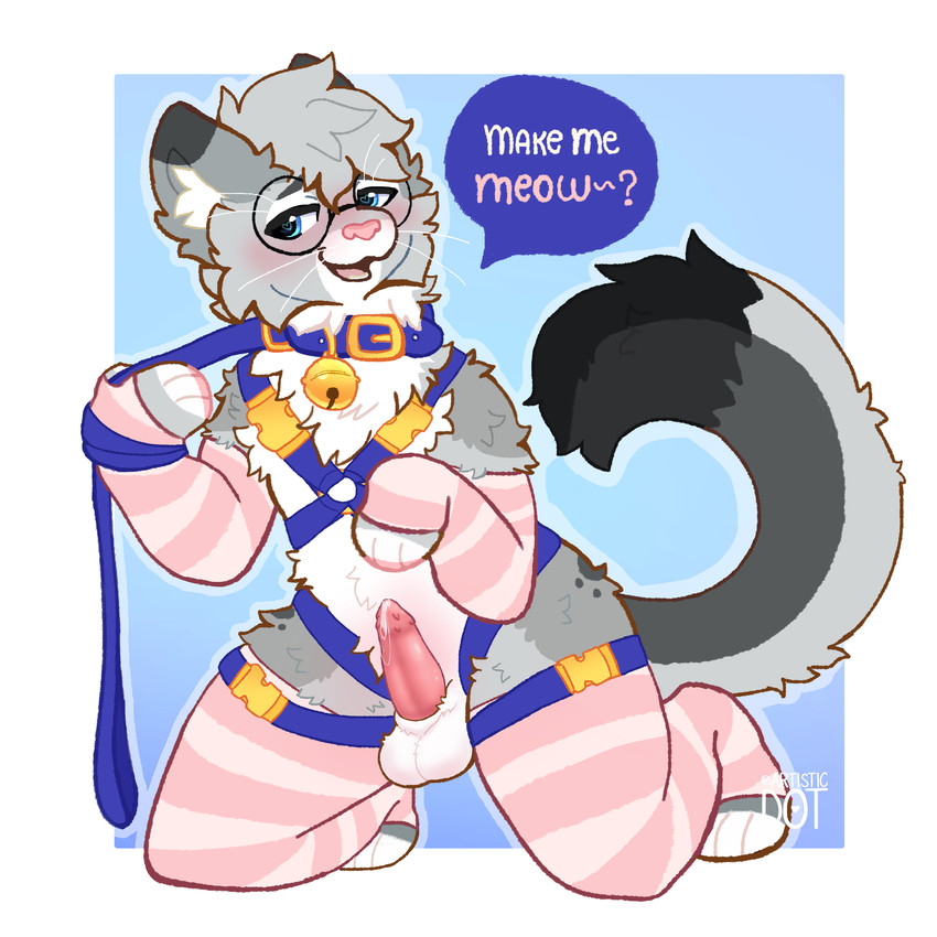 animal_genitalia anthro armwear balls bell bell_collar blue_collar blue_eyes blue_harness blush bodily_fluids bottomless bottomless_anthro bottomless_male clothed clothing collar dipstick_ears dipstick_fingers dipstick_tail dipstick_toes ear_markings eyewear femboy fluffy fur genital_fluids genitals glasses gold_bell grey_body hair harness holding_leash holding_object leash leash_pull leashed_collar legwear looking_at_viewer male markings multicolored_ears open_mouth pattern_armwear pattern_clothing pattern_legwear penile_spines penis pink_nose precum precum_on_penis sheath sheathed_tapering_penis simple_background smile solo speech_bubble spots spotted_markings striped_armwear striped_clothing striped_legwear stripes tail tail_markings teasing teasing_viewer teeth text tongue tuft whiskers artistic_dot nixuelle domestic_cat egyptian_mau felid feline felis mammal 1:1 2025 absurd_res digital_media_(artwork) english_text hi_res