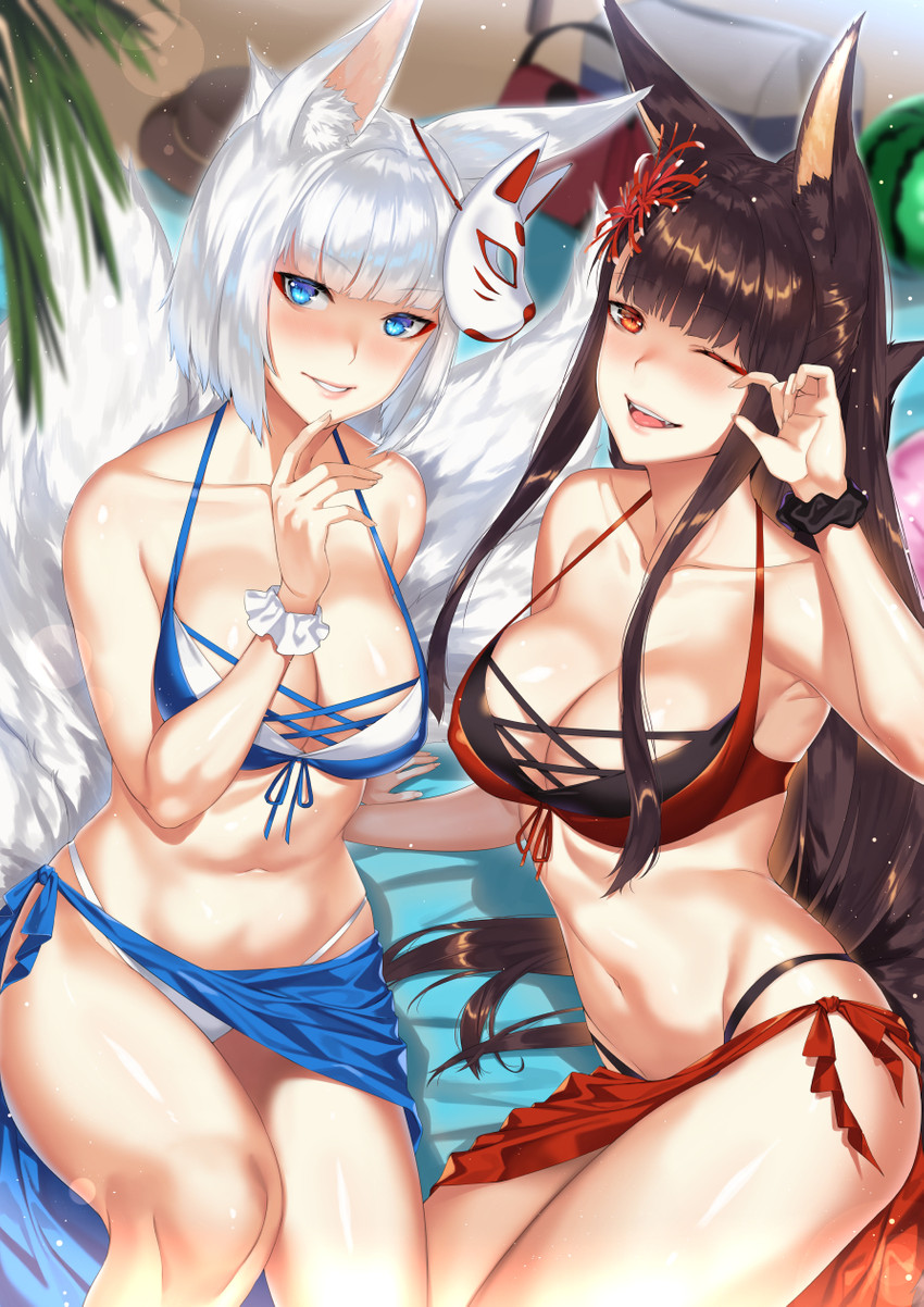 5_fingers bikini bikini_bottom bikini_top black_hair blue_eyes breasts brown_eyes cleavage clothed clothing duo female fingers food fruit hair long_hair looking_at_viewer mask melon multi_tail navel one_eye_closed plant sitting smile swimwear tail two-piece_swimsuit watermelon white_hair deras azur_lane akagi_(azur_lane) kaga_(azur_lane) animal_humanoid canid canid_humanoid canine canine_humanoid fox_humanoid humanoid mammal mammal_humanoid 2019 hi_res