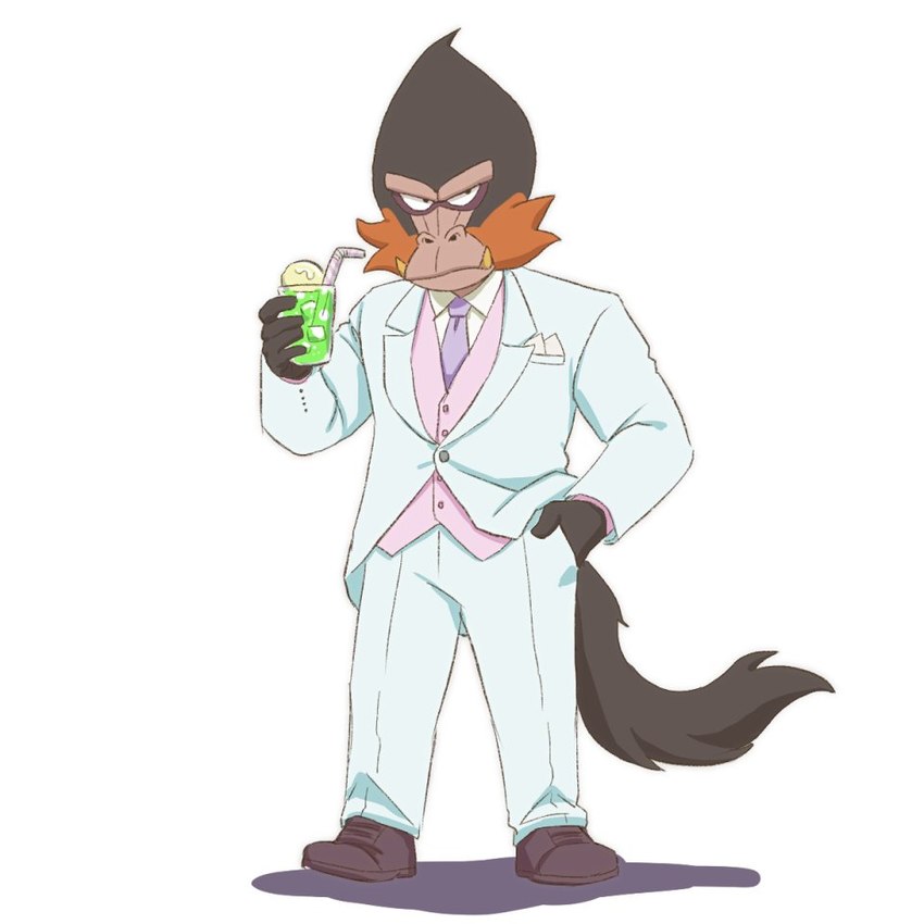 anthro beverage clothing hand_in_pocket male necktie pockets simple_background soda solo suit butu_z odd_taxi dobu_(odd_taxi) bleeding-heart_monkey haplorhine mammal monkey old_world_monkey primate 1:1