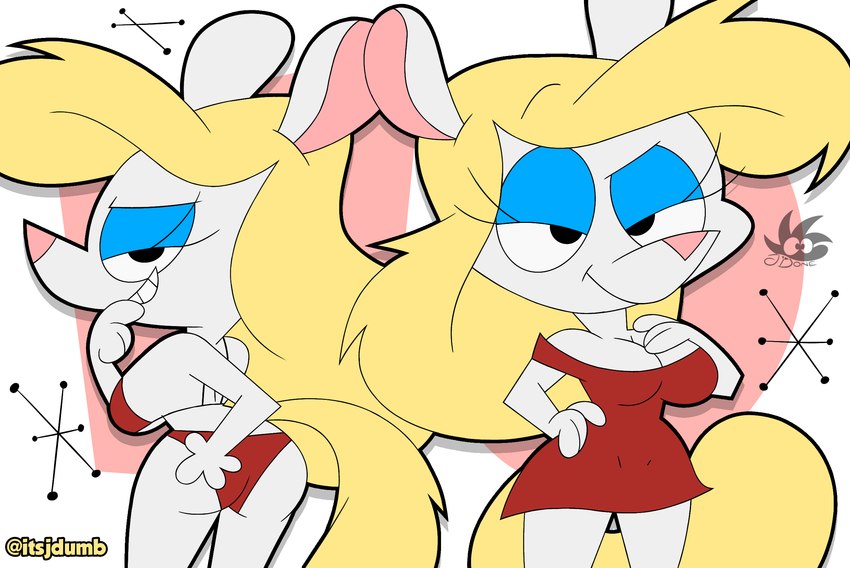 anthro blonde_hair blue_eyeshadow bra breasts butt clothed clothing dress eyelashes eyeshadow female hair long_hair makeup panties simple_background smile solo tail underwear white_body yellow_tail jdone animaniacs warner_brothers minerva_mink mammal mink mustelid musteline true_musteline 2024 digital_media_(artwork) hi_res