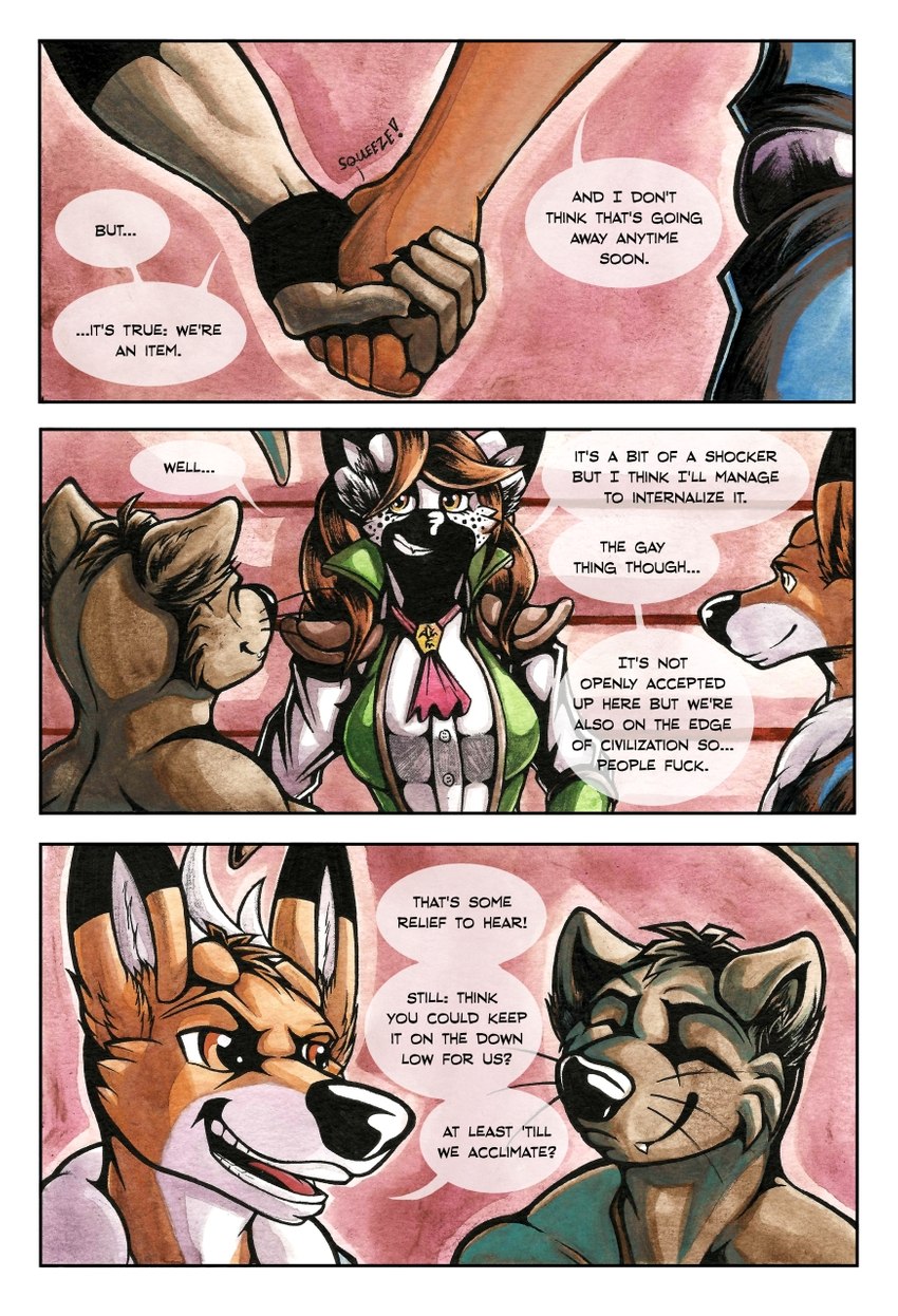 anthro dialogue female gay_relationship group hand_holding male male/female male/male profanity romantic romantic_couple smile speech_bubble text vampire_hunter_boyfriends boneitis elle_parker gene_trifell riley_(boneitis) deer hyena mammal mustelid new_world_deer otter river_otter striped_hyena white-tailed_deer boyfriends comic english_text gouache_(artwork) hi_res painting_(artwork) traditional_media_(artwork)