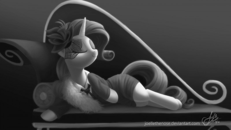 clothing eyes_closed fainting_couch female feral furniture horn lying sofa solo text joellethenose friendship_is_magic hasbro my_little_pony mythology noire rarity_(mlp) equid equine mammal mythological_creature mythological_equine unicorn 16:9 2015 black_and_white hi_res monochrome url widescreen