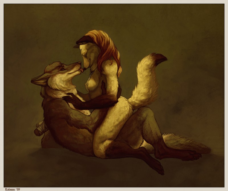 anthro bandage border breasts cowgirl_position duo eyes_closed female from_front_position licking licking_nose love male male/female nipples nude on_bottom on_top romantic romantic_couple sex simple_background straddling tail tongue tongue_out wing_stubs yellow_border evenfall kalamu joon_storm wolftale canid canine canis fox mammal wolf 2009