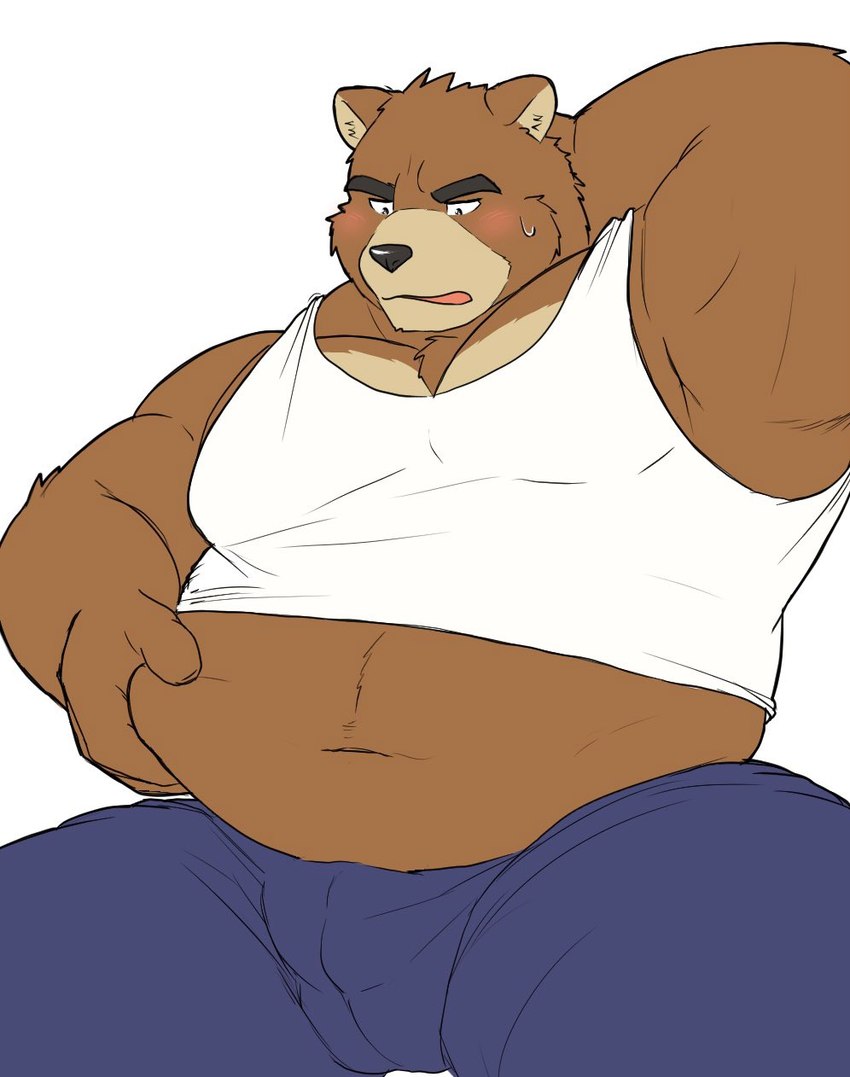 anthro belly big_belly black_nose blush bottomwear brown_body bulge clothing kemono male navel overweight overweight_male pants shirt simple_background solo topwear white_background nikukyu299paw morenatsu juuichi_mikazuki bear mammal 2024 hi_res