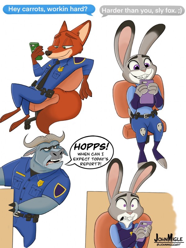 chief bogo, judy hopps, and nick wilde (zootopia and etc) created by johnmigleart