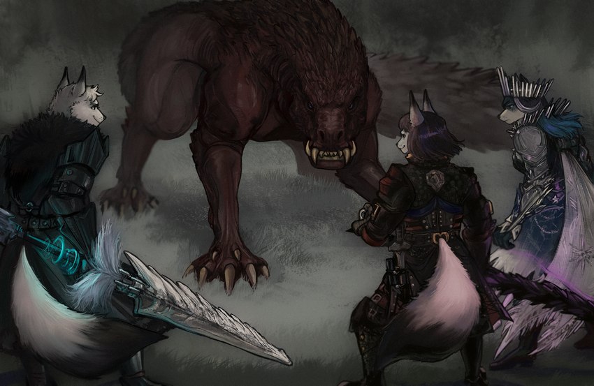 anthro arctic armor biped blue_eyes cape claws clothing crown fangs female feral fighting_pose fog fur group headgear insect_glaive longsword male melee_weapon muscular pose quadruped red_body red_scales scales sword teeth trio weapon young_adult young_adults adelphopoiesis capcom monster_hunter amelia_(ace124335) sasha_(thecrimsonheart) silver_(dawnthedragon) arctic_fox canid canine canis fanged_wyvern fox kinsect mammal odogaron spire_wolf true_fox wolf hi_res