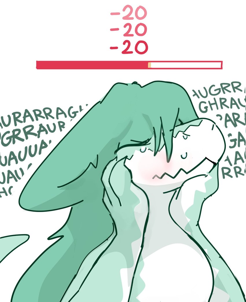 anthro bodily_fluids border ears_down eyes_closed female flesh_fang gameplay_mechanics green_hair gui hair hand_on_face health_bar health_points internal_screaming long_hair number pain pivoted_ears simple_background solo sweat text toothache white_background white_border long_and_soft mythology dragon mythological_creature mythological_scalie scalie 2022 digital_media_(artwork) hi_res