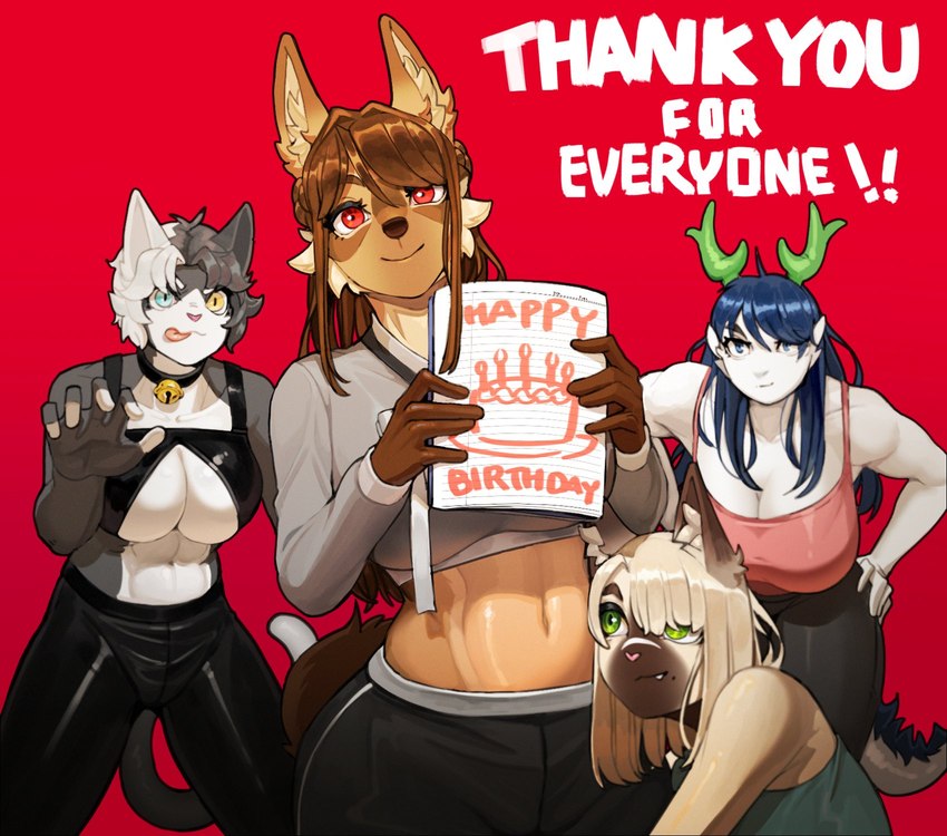 5_fingers anthro arms_bent background_text bangs bell bell_collar biped black_bottomwear black_clothing black_collar black_pants blue_eyes blue_hair bottomwear breasts brown_body brown_eyebrows brown_fur brown_hair cheek_tuft cleavage closed_smile clothed clothed_anthro clothed_female clothing collar collarbone drawing drawing_(object) drawing_in_a_drawing ears_up eyebrows eyelashes facial_tuft fangs female female_anthro fingers full_cleavage fully_clothed fully_clothed_anthro fully_clothed_female fur glistening glistening_abdomen glistening_breasts glistening_clothing glistening_eyes glistening_hair glistening_shirt glistening_tongue glistening_topwear green_eyes green_horn grey_body grey_hair group hair hand_on_hip hand_on_own_hip happy_birthday heterochromia holding_art holding_drawing horn humanoid_hands inner_ear_fluff jingle_bell jingle_bell_collar kemono leaning leaning_forward long_hair looking_at_another looking_at_viewer mouth_closed multicolored_body multicolored_hair navel orange_text pants pink_clothing pink_nose pink_shirt pink_topwear red_background red_eyes shirt short_hair simple_background smile smiling_at_viewer standing tail tan_hair teeth text text_on_paper tongue tongue_out topwear tuft two_tone_body two_tone_hair white_body white_hair white_text yellow_eyes kambo mythology lenka_(janjin192) luen_(elun) moka_(see_is_see) navi_(kissrabbit_s2) canid domestic_cat dragon felid feline felis mammal mythological_creature mythological_scalie scalie 2022 digital_media_(artwork) english_description english_text hi_res korean_description