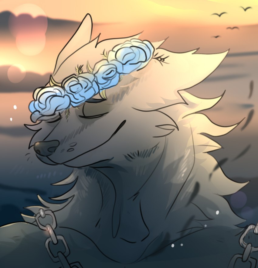 anthro detailed_background eyes_closed flower flower_crown male plant smile solo m_bruiser canid canine canis domestic_dog mammal hi_res