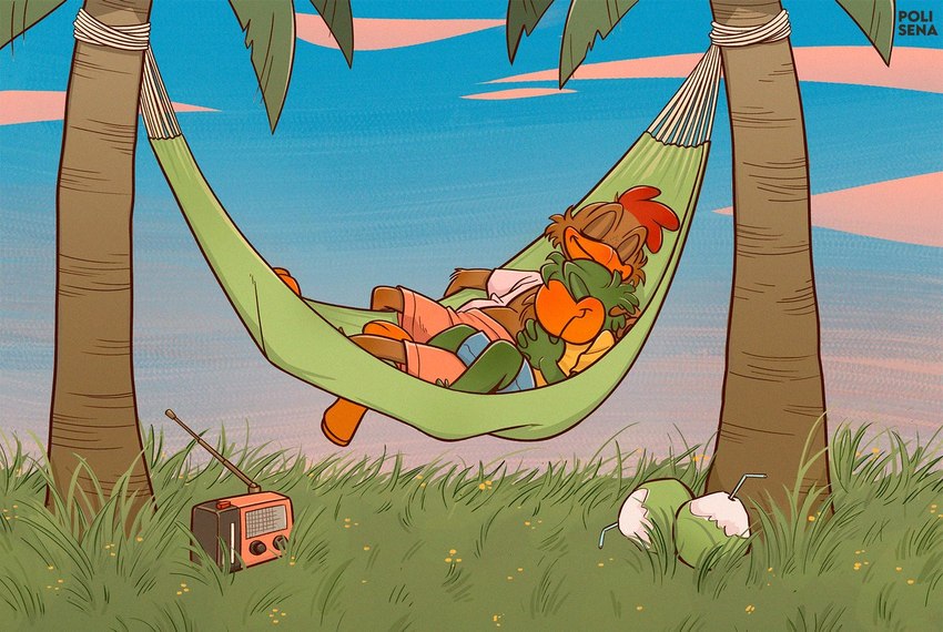 anthro beak beverage blue_bottomwear blue_clothing blue_shorts bottomwear clothed clothing cloud coconut coconut_drink coconut_tree cuddling drupe_(fruit) duo electronics feathers food fruit fruit_tree grass grass_field green_body green_feathers hammock love lying male male/male orange_bottomwear orange_clothing orange_shorts palm_tree plant radio red_body red_feathers romantic romantic_couple shirt shorts sky sleeping topwear tree white_clothing white_shirt white_topwear yellow_clothing yellow_shirt yellow_topwear polisena disney the_three_caballeros jose_carioca panchito_pistoles avian bird chicken galliform gallus_(genus) parrot phasianid