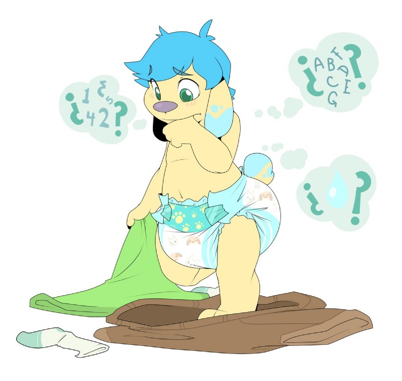 age_regression anthro baby blue_body blue_eyes blue_fur blue_hair clean_diaper clothed clothes_on_floor clothing clothing_by_feet creature_print diaper diaper_only exposed_diaper fur hair head_print multicolored_body multicolored_fur oversized_clothing pattern_diaper pawprint_diaper pawprint_pattern pawprint_print print_diaper rabbit_print rabbit_print_diaper simple_background solo sucking thought_bubble thumb_suck topless two_tone_body two_tone_fur wearing_diaper white_background yellow_body yellow_fur young young_anthro bubblepuppers bubblegum_(bubblepuppers) canid canine canis domestic_dog mammal