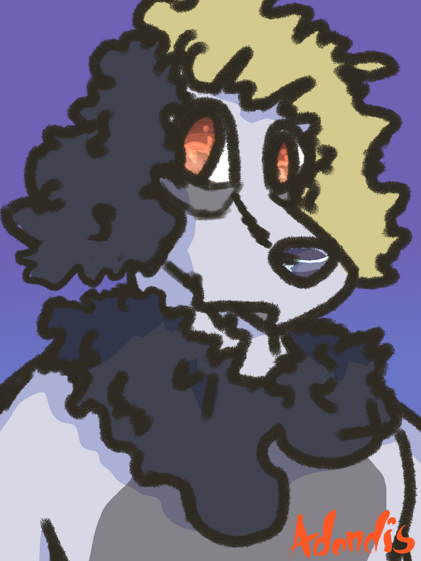 anthro blonde_hair fluffy hair looking_at_viewer male neck_tuft red_eyes simple_background solo tuft adondis russell_(adondis) canid canine canis domestic_dog mammal poodle 3:4 absurd_res digital_media_(artwork) half-length_portrait hi_res portrait