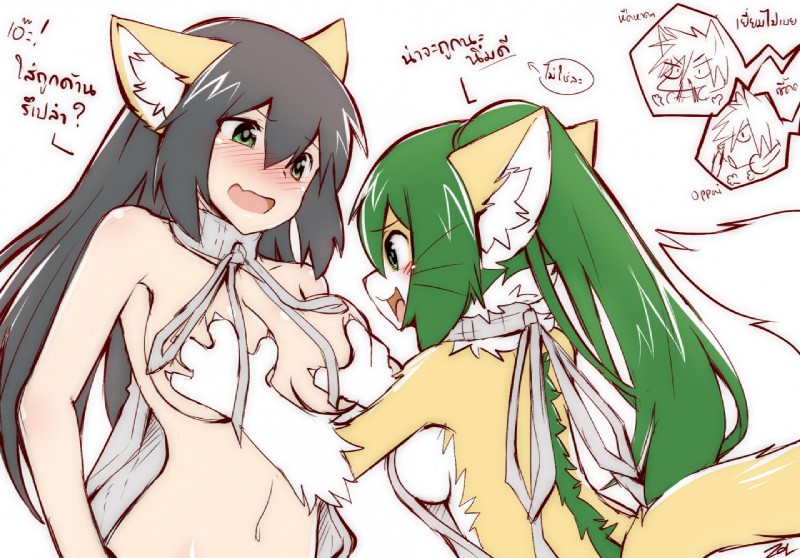 backwards_virgin_killer_sweater black_hair blush blush_lines breast_grab breasts clothing countershading duo female female/female green_hair hair hand_on_breast inner_ear_fluff kemono long_hair navel nude open_mouth open_smile rear_view selfcest side_boob smile square_crossover sweater text topwear tuft virgin_killer_sweater sollyz meme_clothing sundyz animal_humanoid cat_humanoid domestic_cat felid felid_humanoid feline feline_humanoid felis humanoid mammal mammal_humanoid 2017 meme thai_text translated