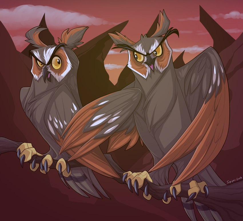 ambiguous_gender brown_body brown_feathers duo feathers feet feral talons toes yellow_eyes ignigeno guardians_of_ga'hoole jatt_(gogh) jutt_(gogh) avian bird eared_owl long-eared_owl owl true_owl cousins_(lore) male_(lore)