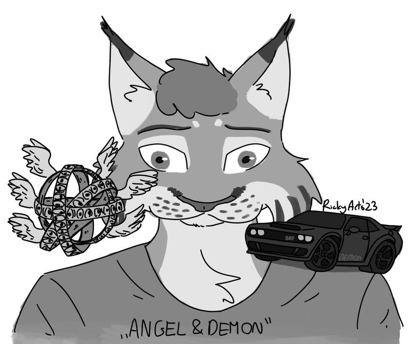 ambiguous_gender anthro clothing confusion countershade_face countershading duo feathered_wings feathers male shirt simple_background topwear tufted_ears vehicle white_background wings ricky_arts dodge_(brand) dodge_challenger inktober inktober_2023 srt angel biblically_accurate_angel felid feline humanoid lynx mammal 2023 monochrome