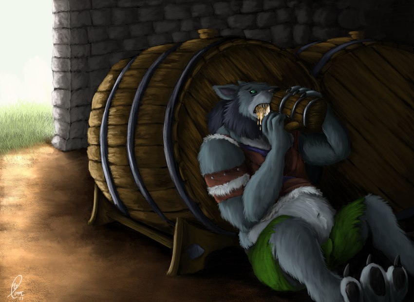 alcohol ale anthro barrel beard beer beer_belly belly beverage chugging clothing container cup dirt_floor doorway drinking facial_hair grass green_eyes hiding keg leather male mug nervous overexposed_light plant rogue sitting slightly_chubby slightly_chubby_male solo stone_wall storage_room thief tight_clothing topwear vest wall_(structure) yenocwolf blizzard_entertainment warcraft sedric_(worgen) canid canine canis mammal werecanid werecreature wolf worgen absurd_res hi_res