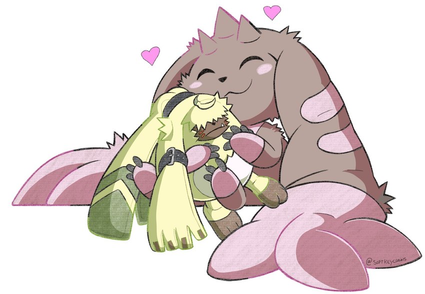 anthro blush brown_body brown_fur fur happy heart_symbol hug long_ears plushie smile solo yellow_body yellow_fur portugueselynx bandai_namco digimon angoramon digimon_(species) lagomorph leporid lopmon mammal rabbit hi_res