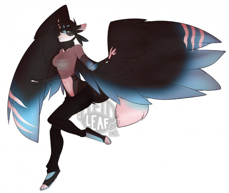 anthro clothed clothing feathered_wings feathers female fur hair looking_at_viewer smile solo wings teil isaenuv canid canine mammal watermark