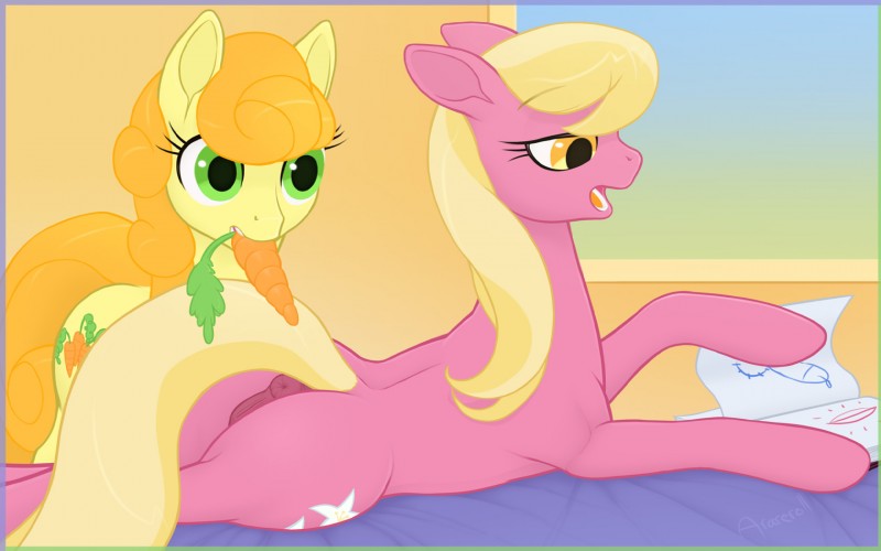 anus bed book carrot duo female feral food furniture genitals plant pussy vegetable arareroll friendship_is_magic hasbro my_little_pony carrot_top_(mlp) lily_(mlp) earth_pony equid equine horse mammal pony 16:10 2014 digital_media_(artwork) hi_res widescreen