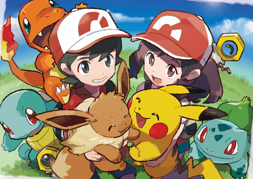 ambiguous_gender clothing female feral group hat headgear headwear looking_at_viewer male smile starter_trio young unknown_artist nintendo pokemon pokemon:_let's_go chase_(pokemon) elaine_(pokemon) partner_eevee partner_pikachu bulbasaur charmander eevee generation_1_pokemon generation_7_pokemon human legendary_pokemon mammal meltan pikachu pokemon_(species) squirtle hi_res