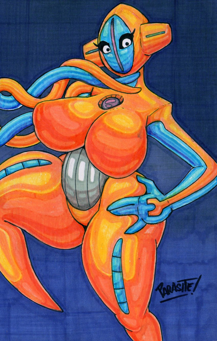 4_fingers big_breasts black_sclera blue_background blue_body blue_skin breasts curvy_figure eyelashes featureless_breasts female fingers hand_on_hip hand_on_own_hip huge_breasts huge_thighs looking_at_viewer multicolored_body multicolored_skin nude orange_body orange_skin simple_background solo thick_thighs voluptuous white_eyes wide_hips parasitedeath nintendo pokemon deoxys generation_3_pokemon humanoid legendary_pokemon normal_forme_deoxys pokemon_(species) 2024 artist_name graphite_(artwork) hi_res marker_(artwork) signature traditional_media_(artwork)