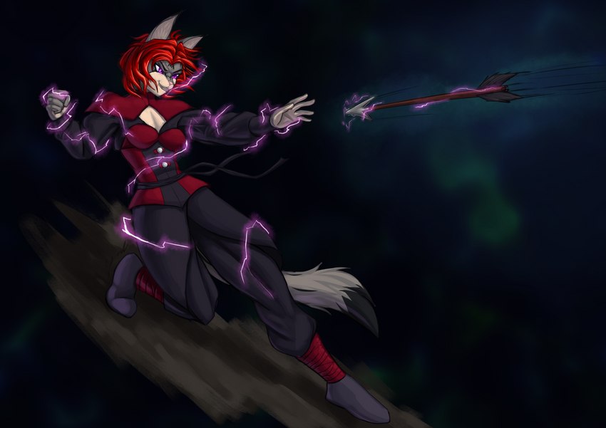 anthro arrow_(weapon) boots casting_spell clenched_teeth clothing female footwear grin hair magic pupils purple_eyes ranged_weapon red_hair shoes simple_background slit_pupils smile solo sparks teeth weapon za-owl elwyna_(za-owl) domestic_cat felid feline felis mammal absurd_res hi_res