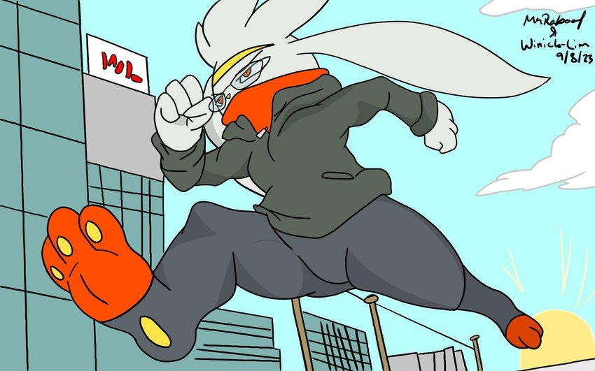 anthro city city_background cityscape clothing eyewear fist fists_clenched glasses green_clothing green_hoodie green_topwear hoodie male narrowed_eyes outerwear red_eyes running simple_background solo topwear mrraboot winick-lim nintendo pokemon mr._raboot_the_raboot_(mrraboot) generation_8_pokemon lagomorph leporid mammal pokemon_(species) rabbit raboot 16:10 2023 dated shaded signature simple_shading widescreen